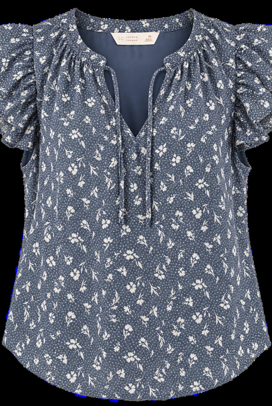 LC Lauren Conrad Blue Floral Dot Flutter Sleeve V-Neck Blouse Size M